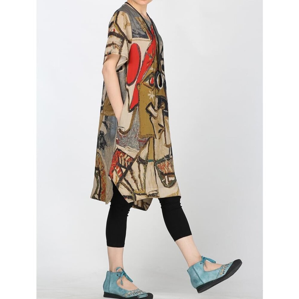 Women's Cotton Midi Dress Short Sleeve Pockets Casual Summer Tunic - Picture 3 of 6